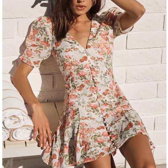 Bec & Bridge Le Follies Dress Floral Puff Sleeve V-Neck Mini Camellia Print 4 - Picture 1 of 9